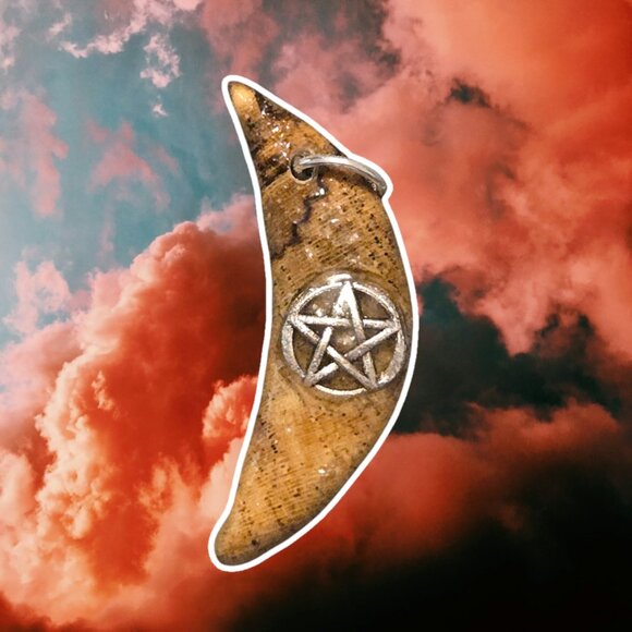 Hand Carved Wood Crescent Moon Pendant Blue with Our Lady of Guadalupe Medallion - Picture 1 of 8